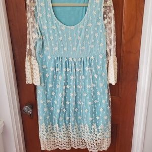 Cream Lace over Light Blue Dress